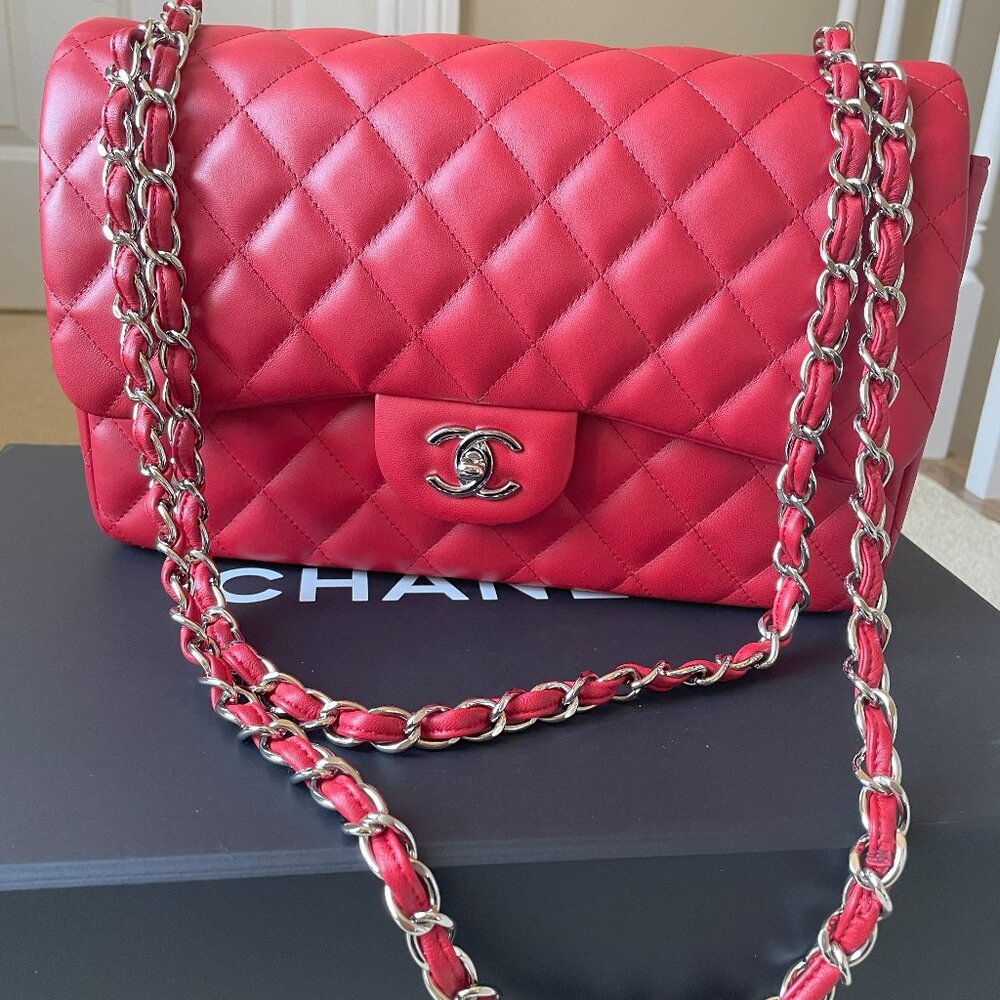 Authentic Like New Chanel Lambskin Red classic double flap Jumbo w/ SHW